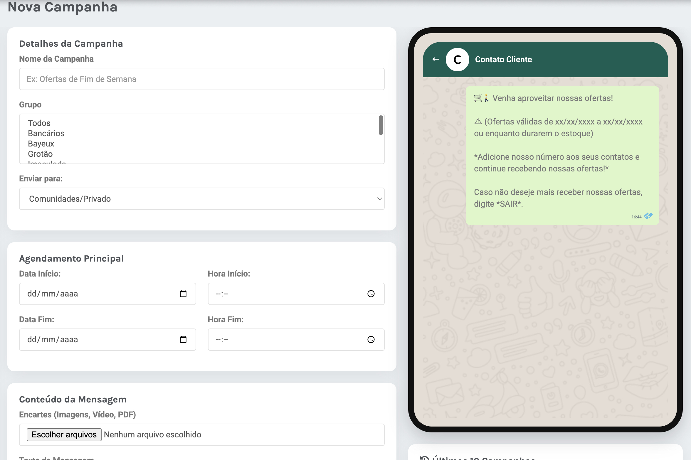 Dashboard de campanhas